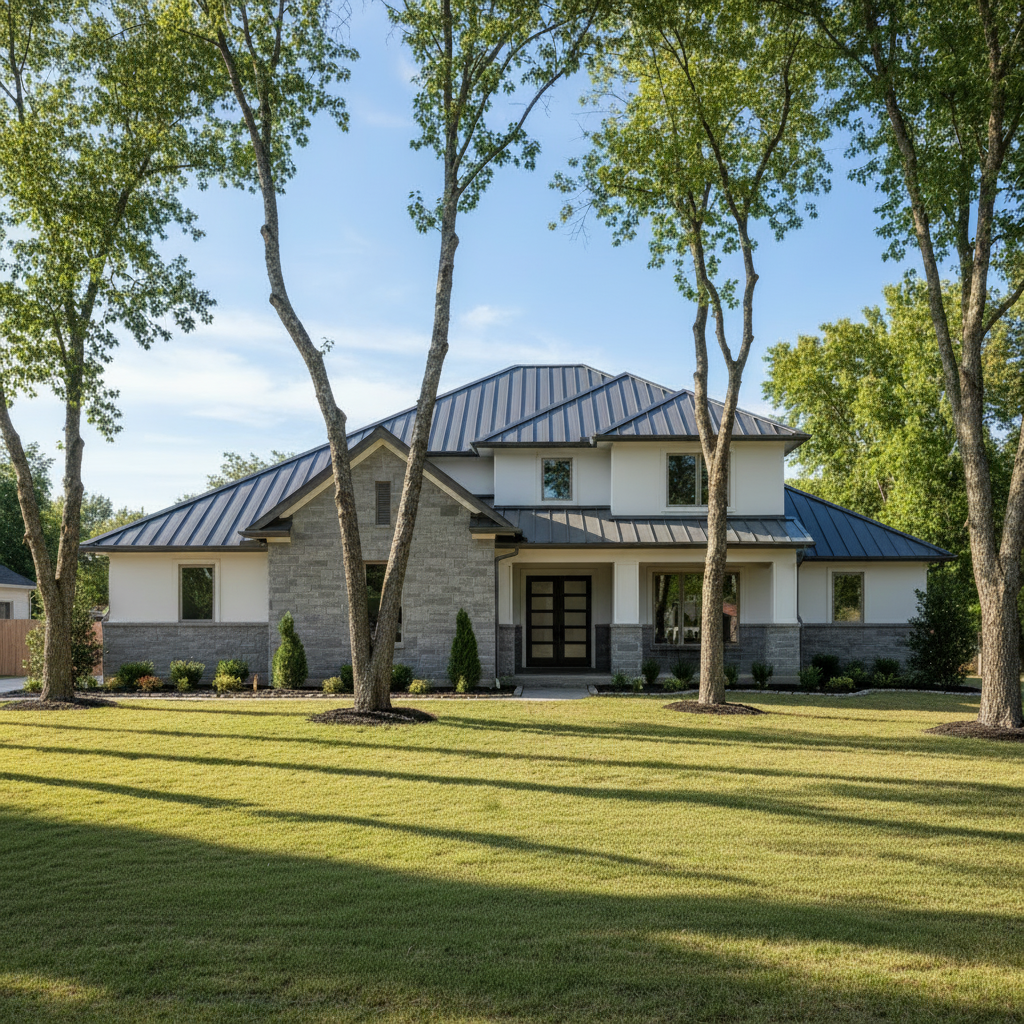 A secure, well-maintained home with clear gutters and trimmed trees