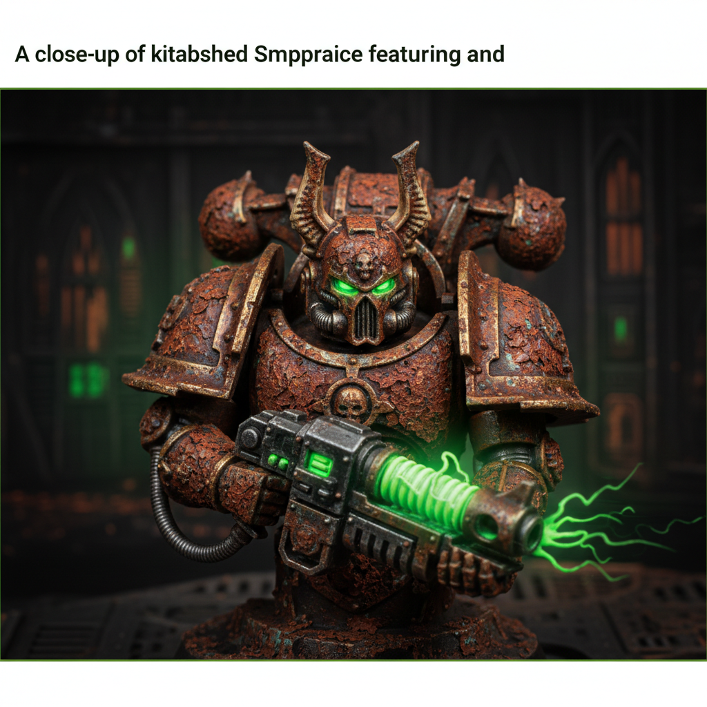 A close-up of a kitbashed Chaos Space Marine featuring textured rust effects and glowing green plasma.