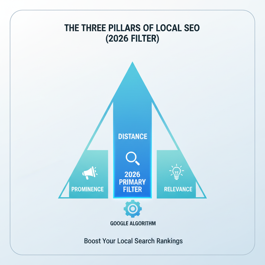 An infographic showing the 'Three Pillars of Local SEO': Distance, Prominence, and Relevance, with Distance highlighted as the primary 2026 filter.