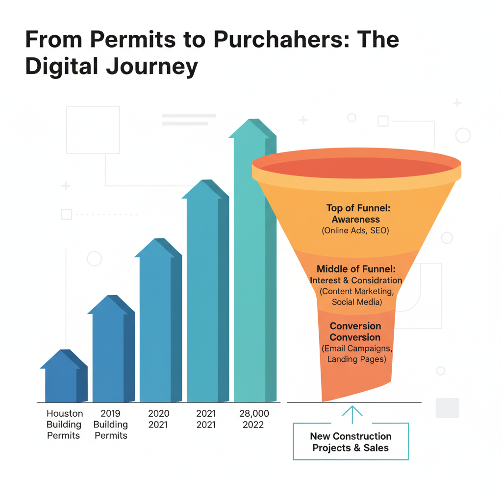 A conceptual graphic showing a rising bar chart of Houston building permits transitioning into a digital marketing funnel.