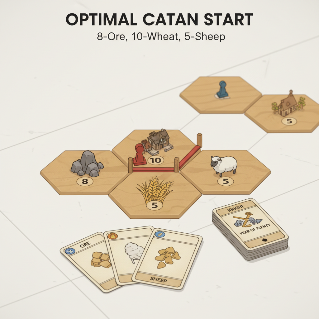 A Catan board showing a strong starting placement on an 8-Ore, 10-Wheat, and 5-Sheep intersection.