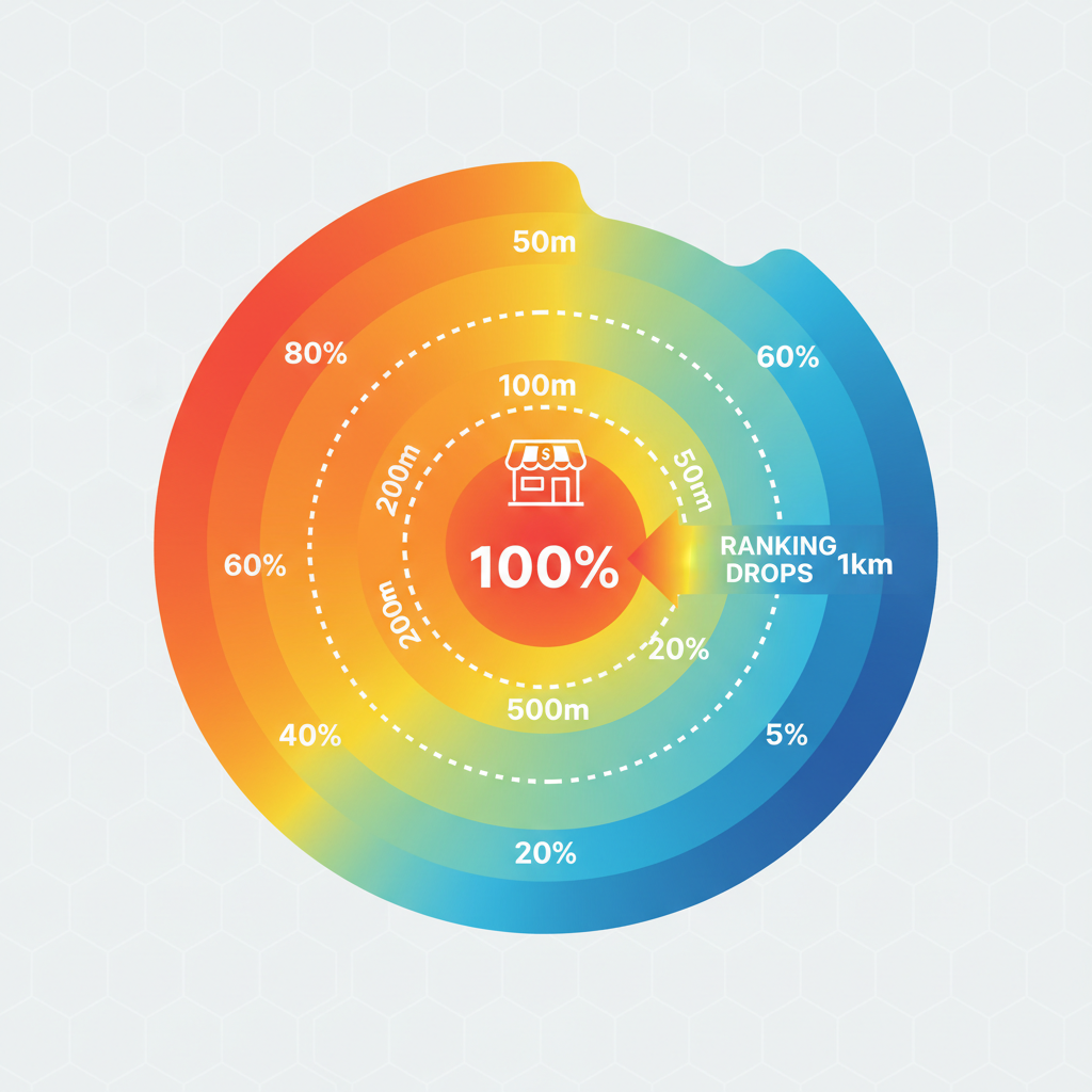 A heatmap showing a business's ranking dropping sharply as the user moves away from the physical storefront.