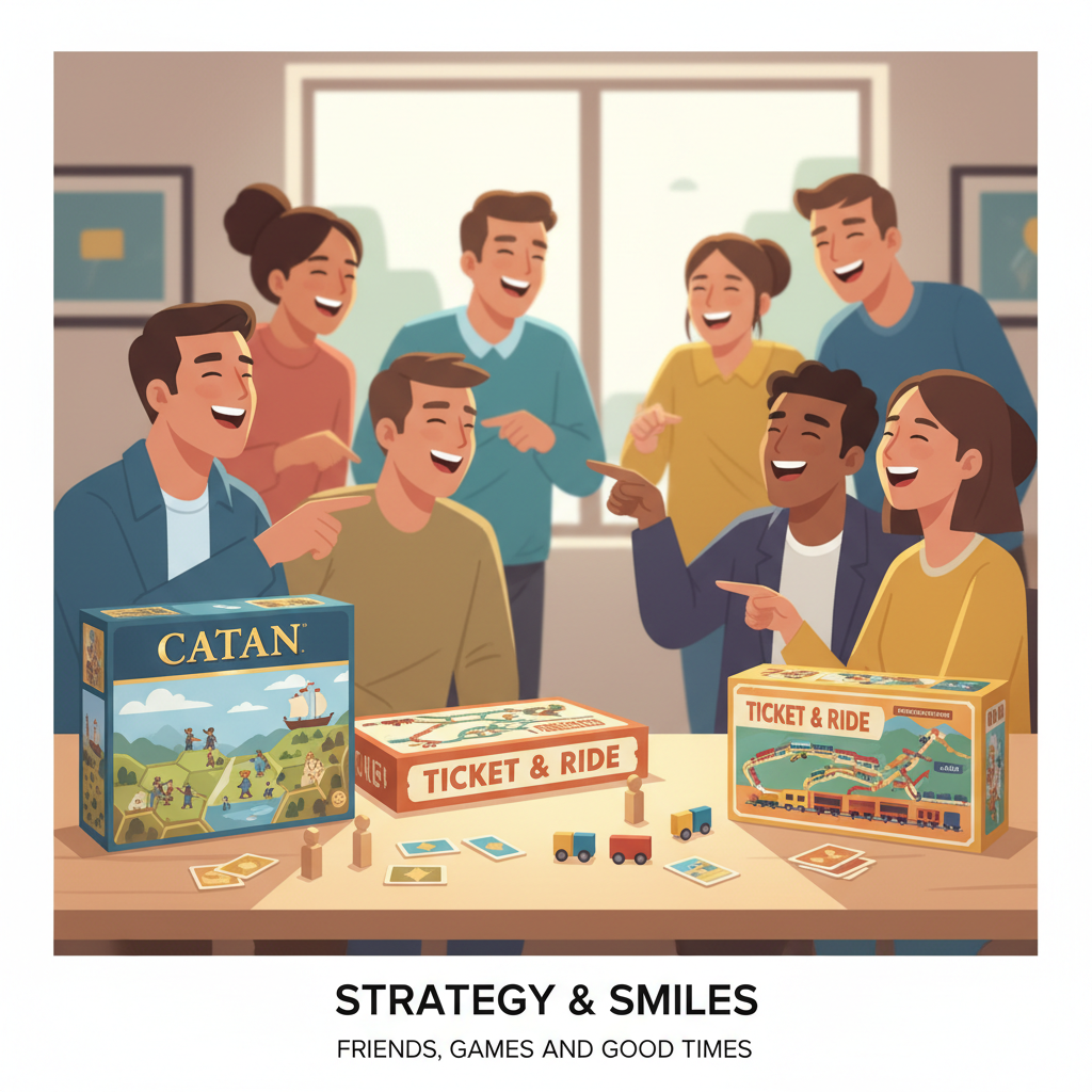 A brightly lit table featuring Catan and Ticket to Ride boxes with people laughing in the background