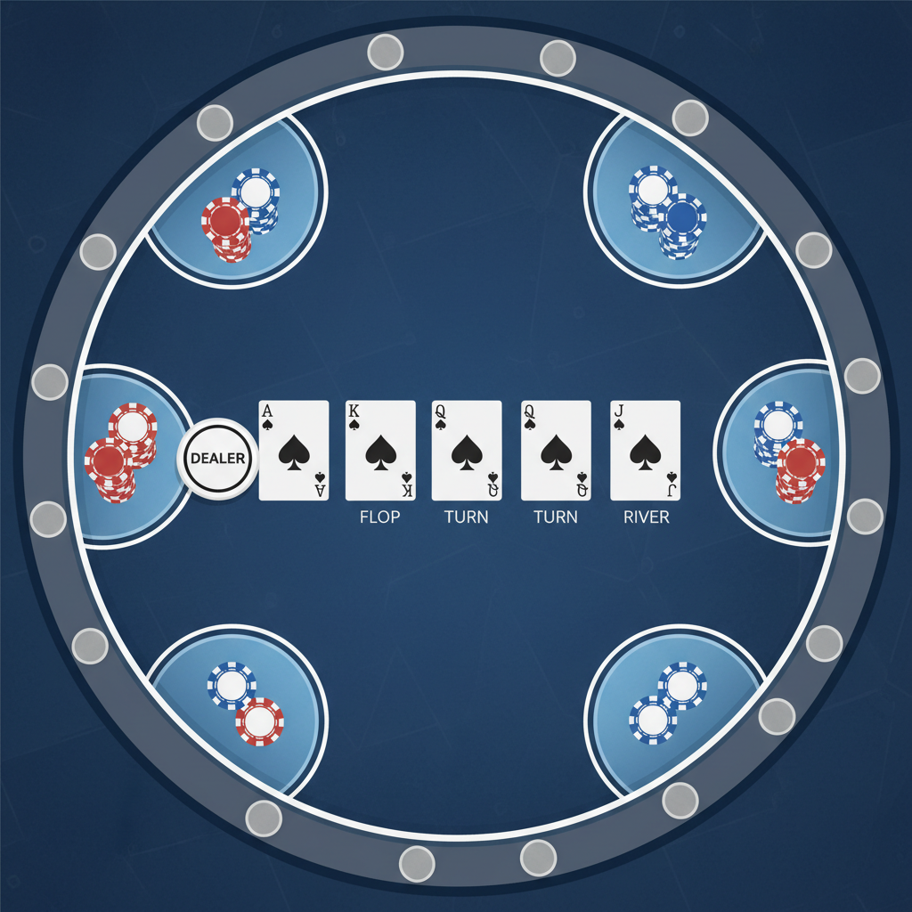 A top-down view of a poker table showing the dealer button and the five community cards arranged as Flop, Turn, and River.