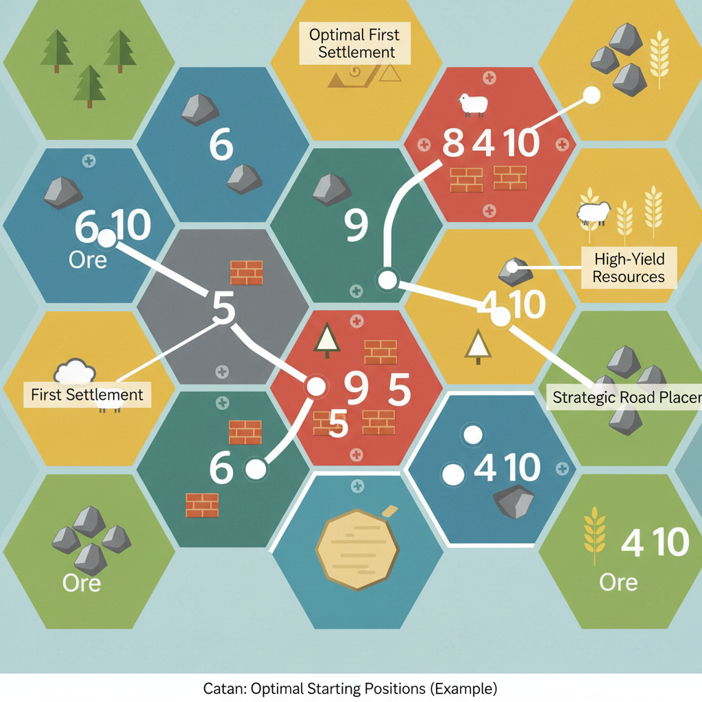 A top-down view of a Catan board showing optimal starting placements on a 6-9-5 intersection