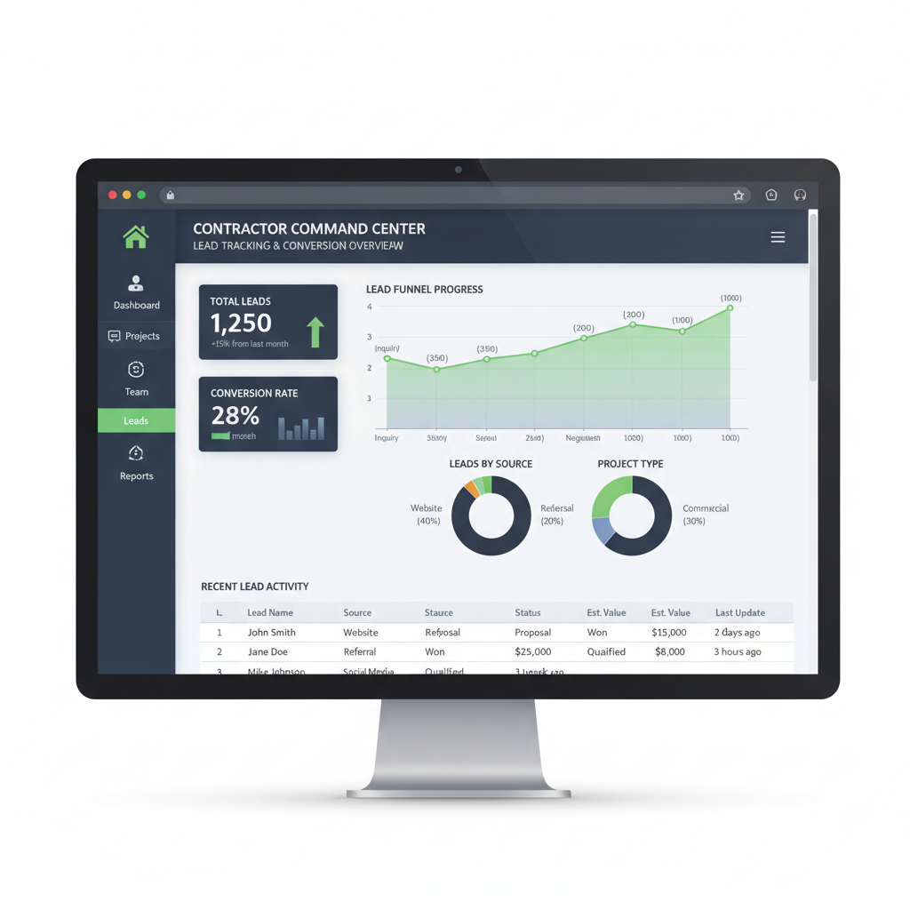 A screenshot of a high-performing contractor dashboard showing lead tracking and conversion metrics.