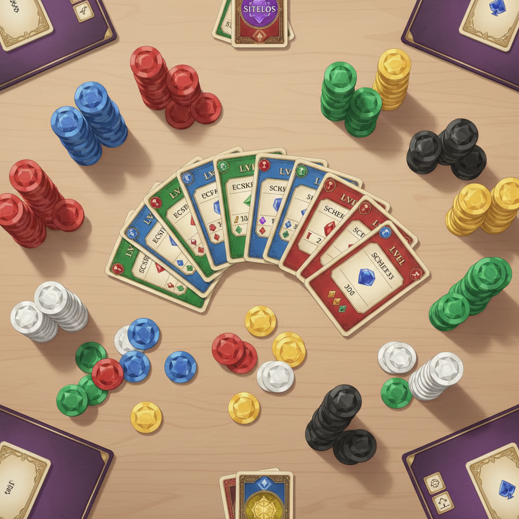 Top view of a half-finished game of Splendor with gem tokens and cards