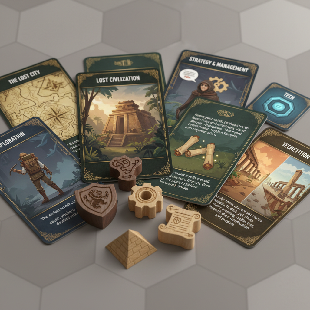 Close-up of high-quality wooden tokens and detailed cards from a modern strategy board game.