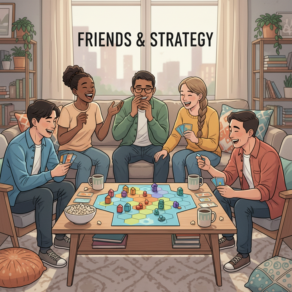 A diverse group of friends laughing while playing a colorful tabletop game in a cozy living room.