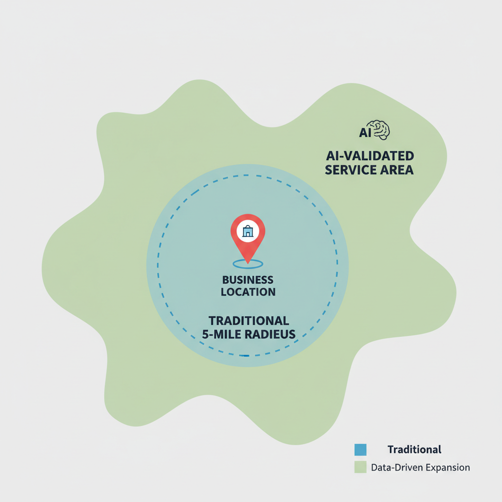 A map visualization showing a business location with a traditional 5-mile radius vs. an expanded 