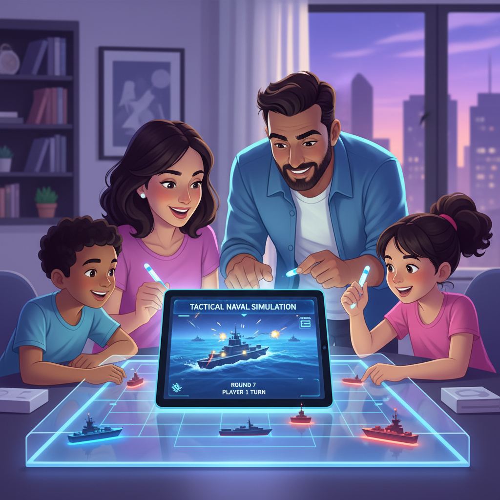 A family sitting around a glowing Battleship board while a tablet displays a 3D naval battle.