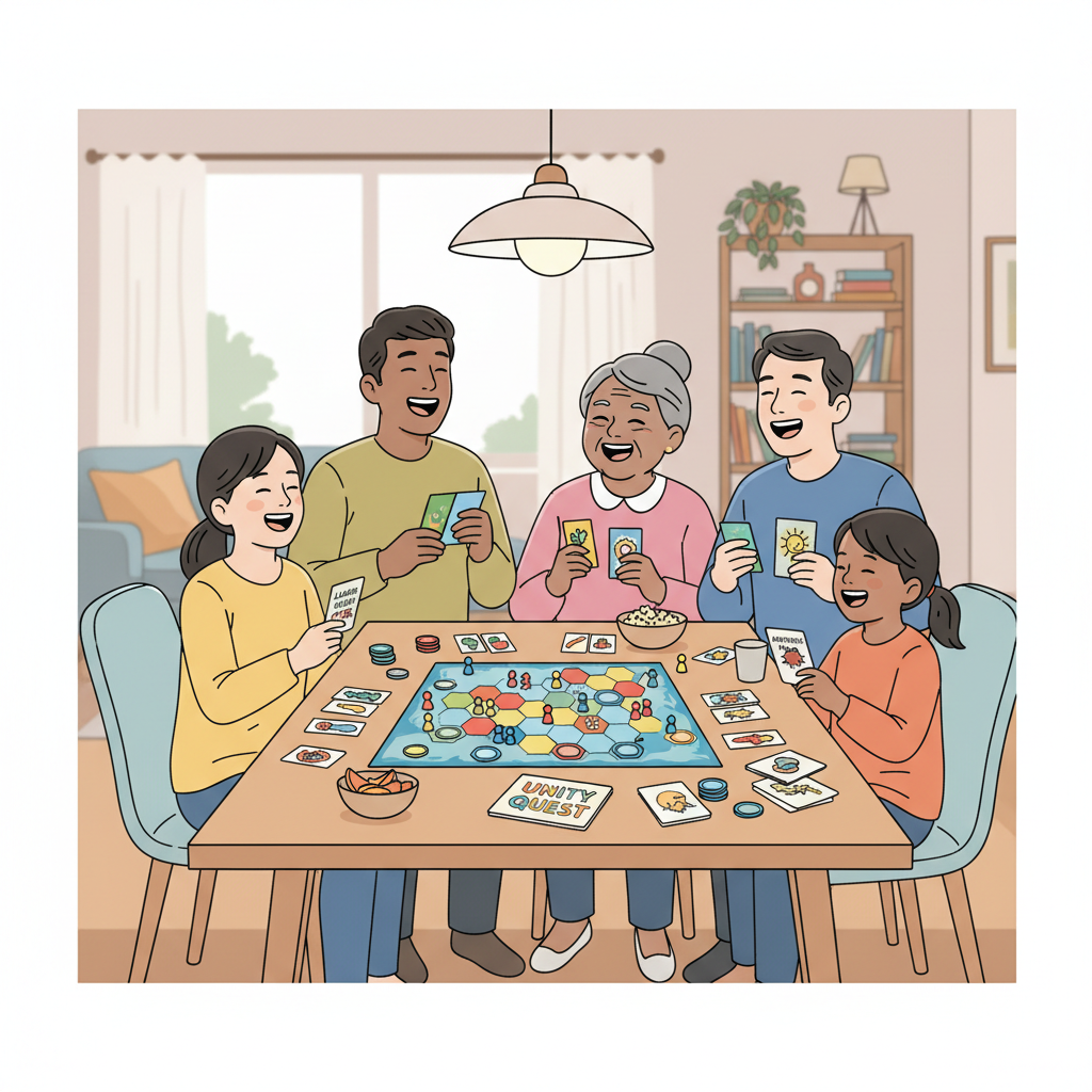 A diverse group of family members laughing while playing a colorful board game on a wooden dining table