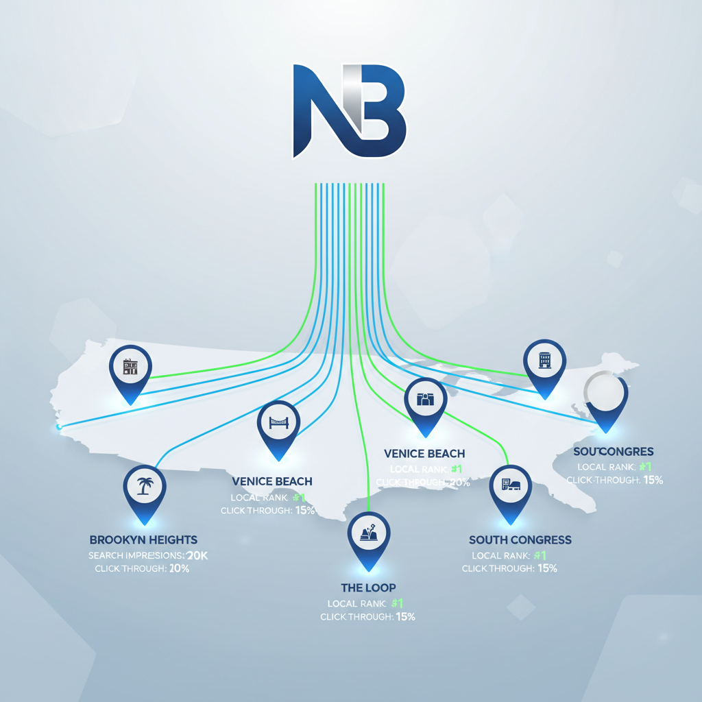 A conceptual map showing a national brand logo branching down into specific neighborhood 