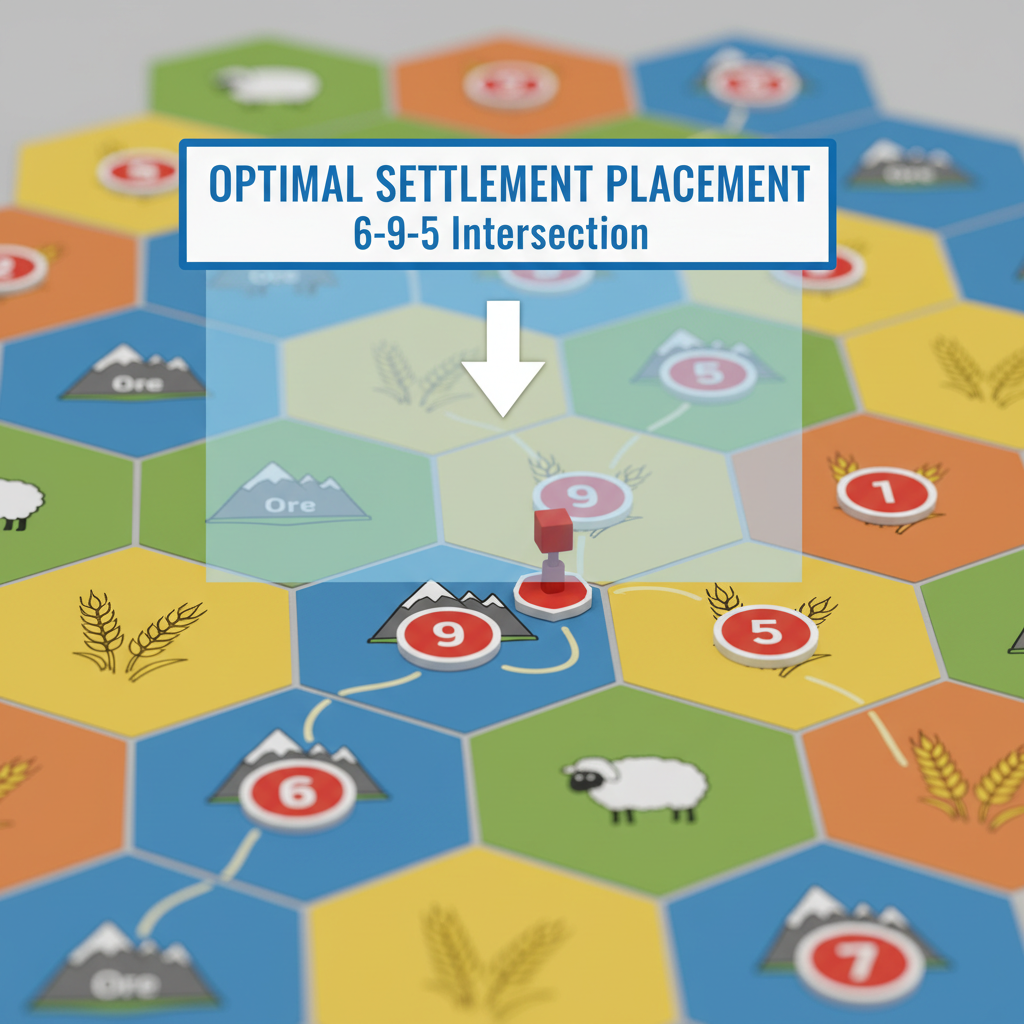 A Catan board showing optimal settlement placement on a 6-9-5 intersection