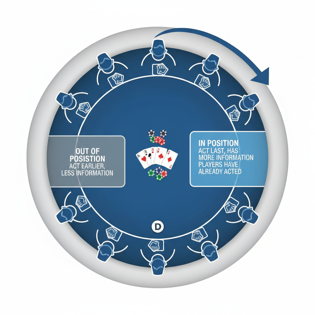 A top-down view of a poker table showing players in different seats to illustrate 'In Position' vs 'Out of Position'